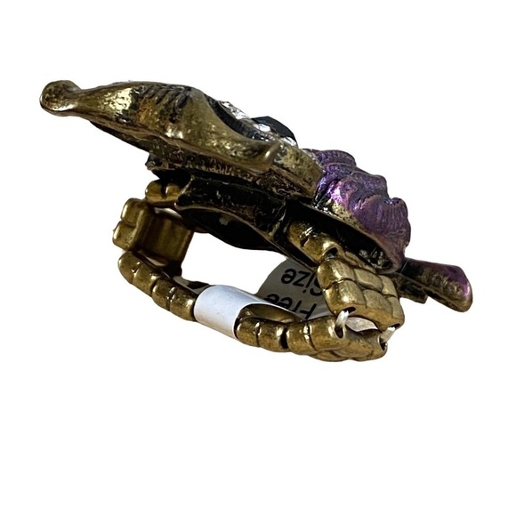 Vintage Boho Owl Ring Purple Green Rhinestone Adjustable Stretch Bronze Tone - Picture 4 of 6